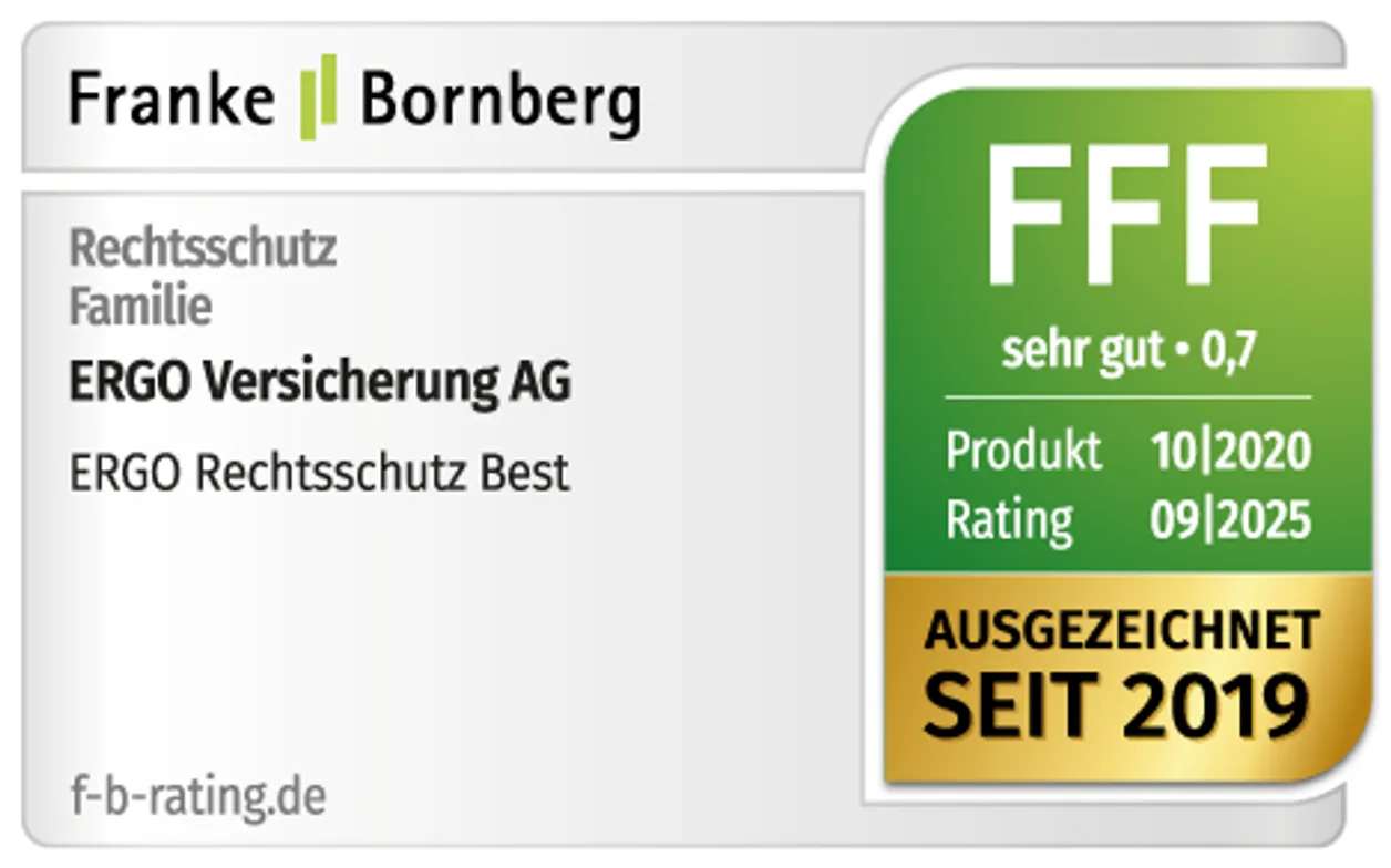 Franke Bornberg FFF "sehr gut" (very good) rating for ERGO's Rechtsschutz Familie and Rechtsschutz Best products, excellent since 2019.
