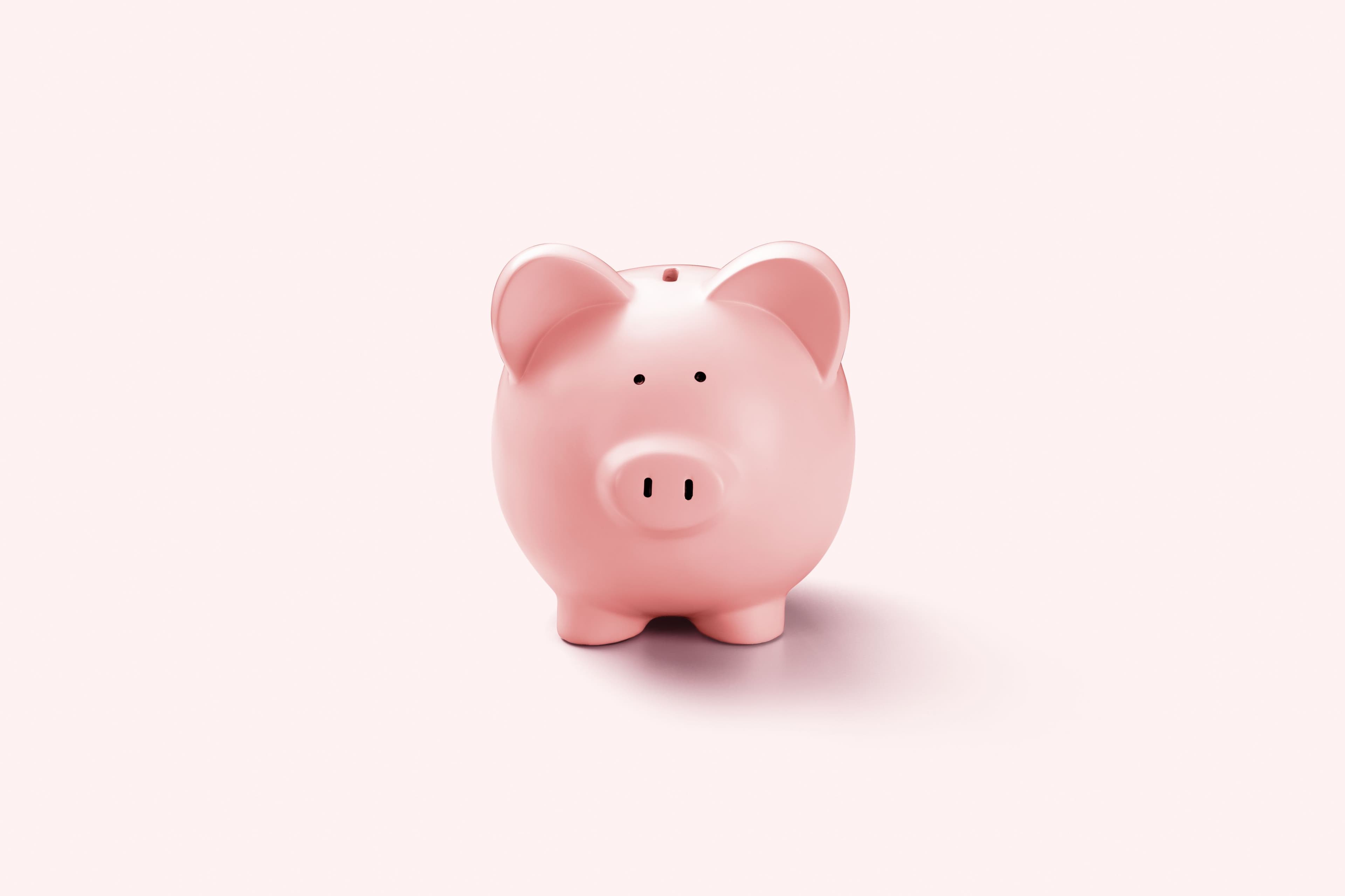 A pink piggy bank centered on a light pink background.