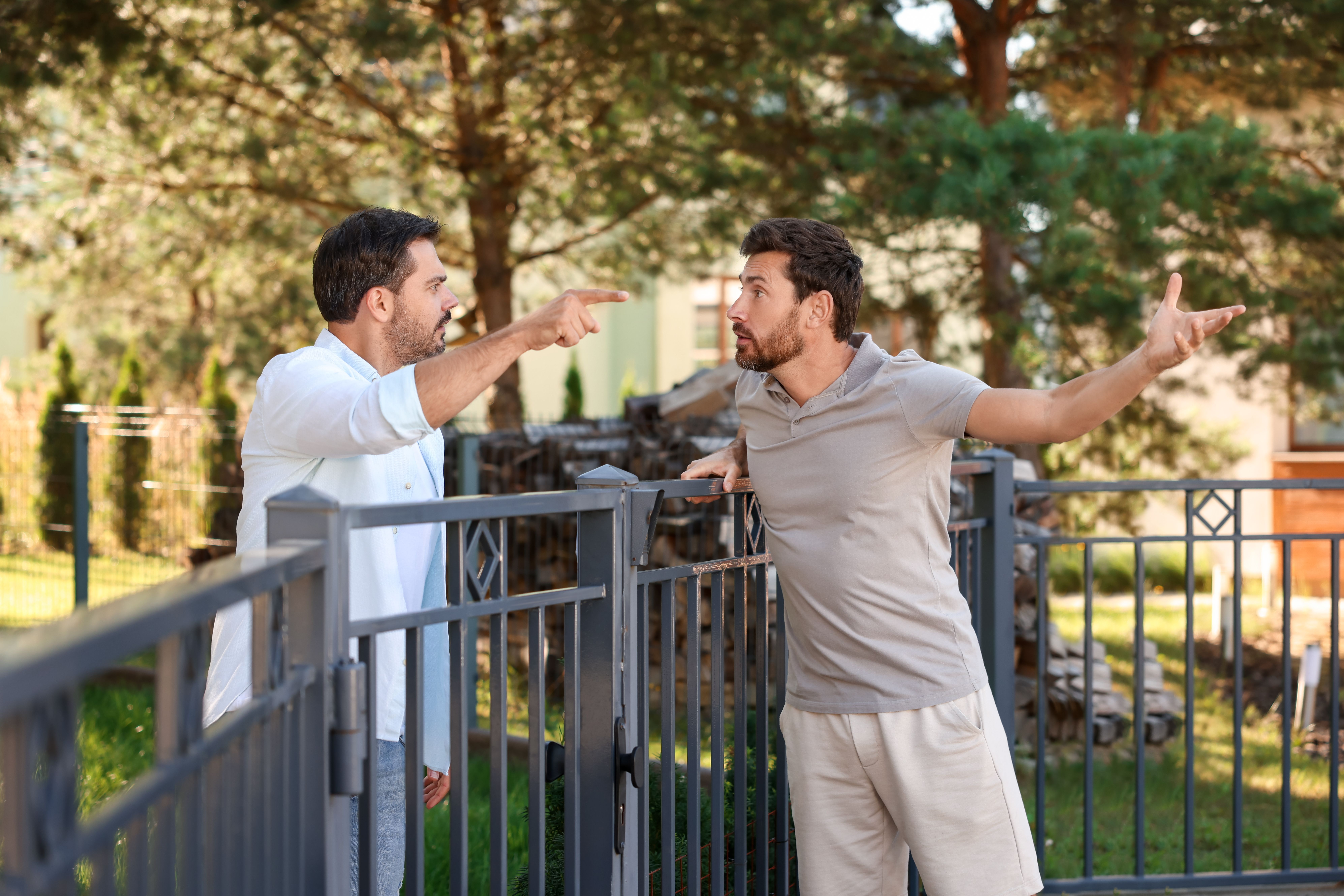 two men are standing next to each other on a fence pointing at each other .