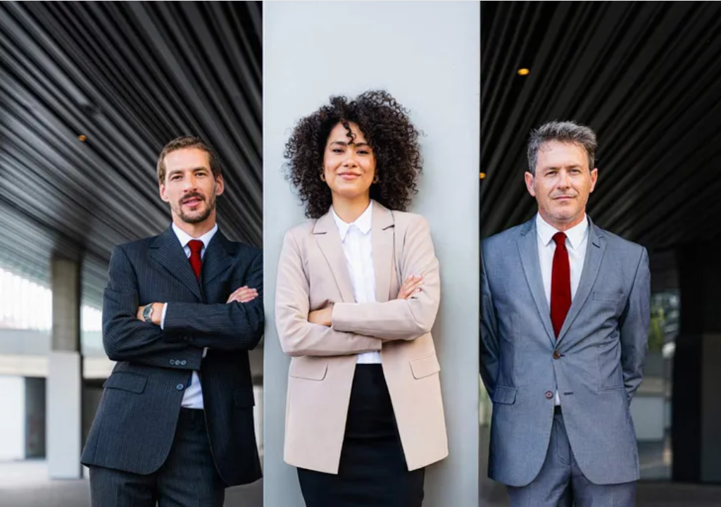 Three business professionals, a woman flanked by two men, stand with crossed arms.
