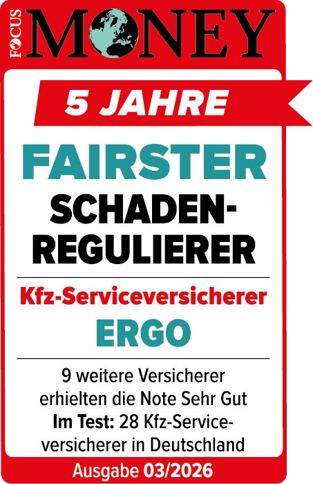 Focus Money badge announcing ERGO as the "Fairest Claims Adjuster" for car service insurers for 5 years.
